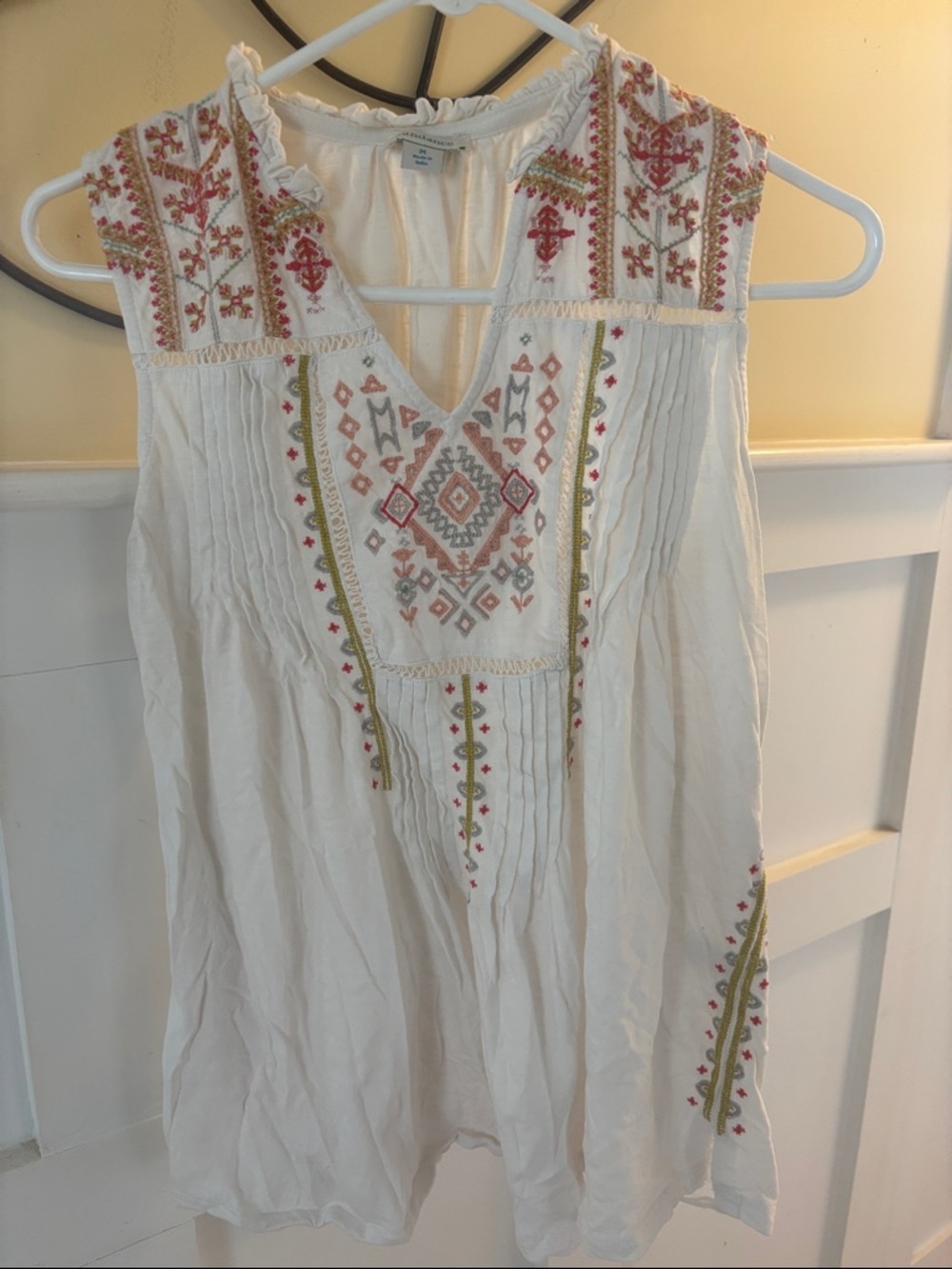 Sundance Cream Sleeveless Tunic with Pink & Green Embroidery